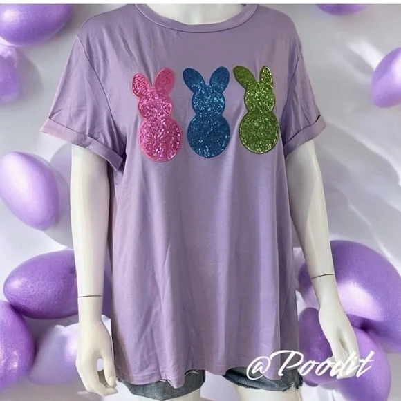Lavender sequin bunny Easter holiday soft plus size tee 1X 2X 3X 4X - Picture 3 of 6